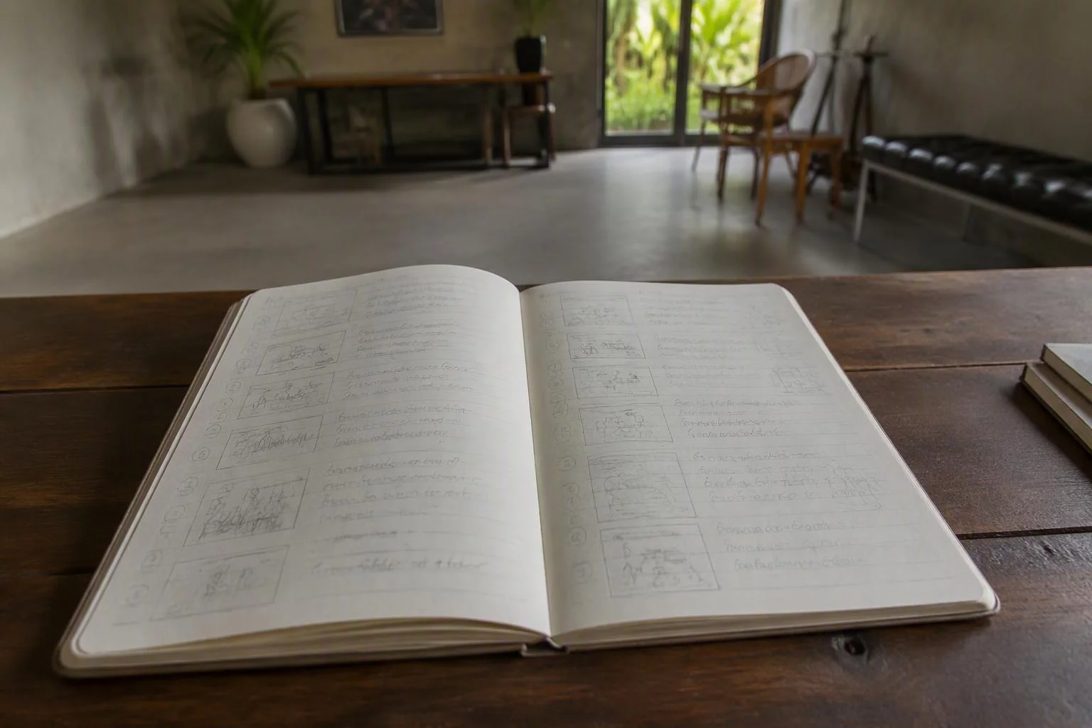 Caderno com a sequência do vídeo explicativo anotada a lápis