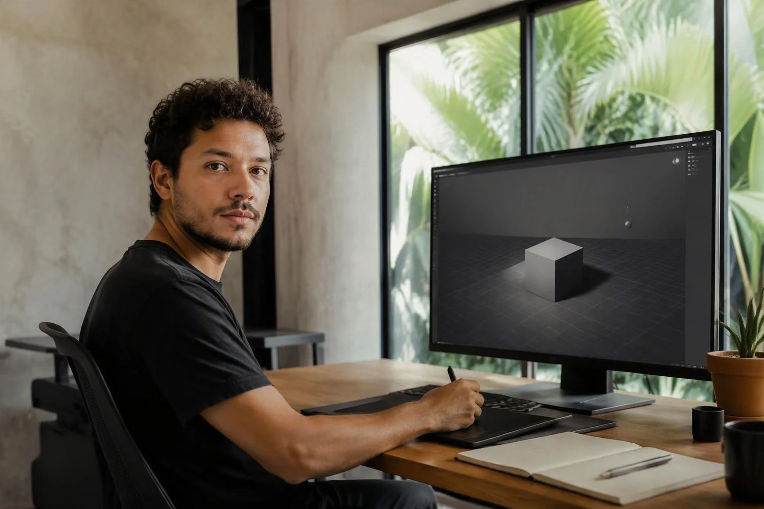 Modelador ajustando a iluminação de uma cena tridimensional na tela