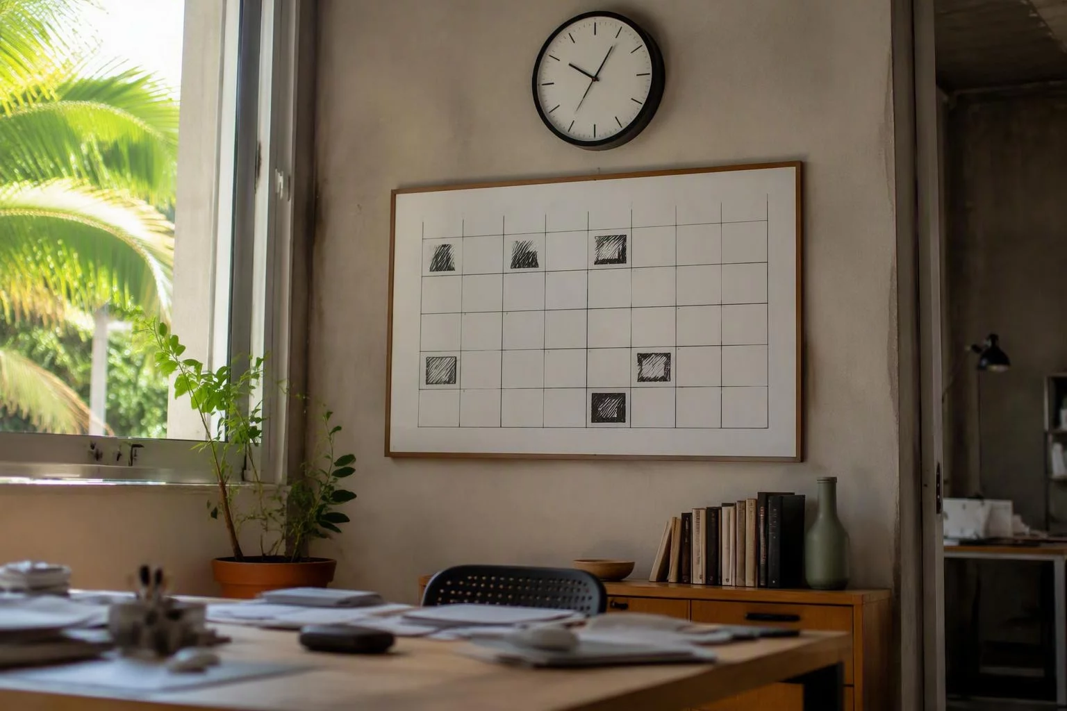 Relógio sobre o quadro com as datas de render da semana